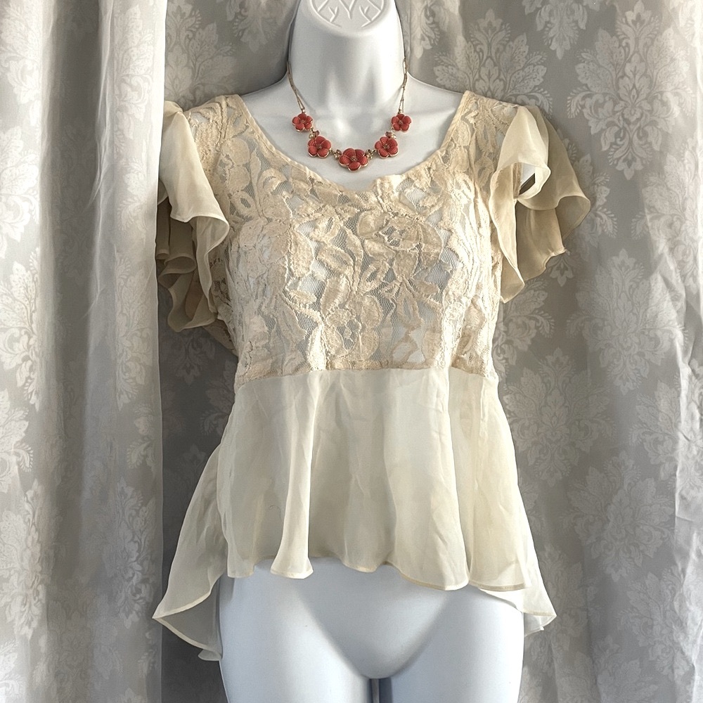 Cream Hi-Lo Flowy Peplum Sheer Lace Blouse
